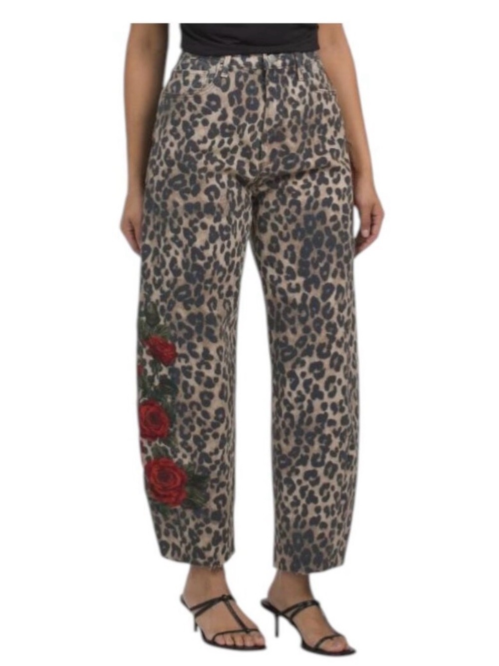 DRIFTWOOD Leopard Print Straight Leg Jeans with Red Rose Embroidery - Picture 9 of 10